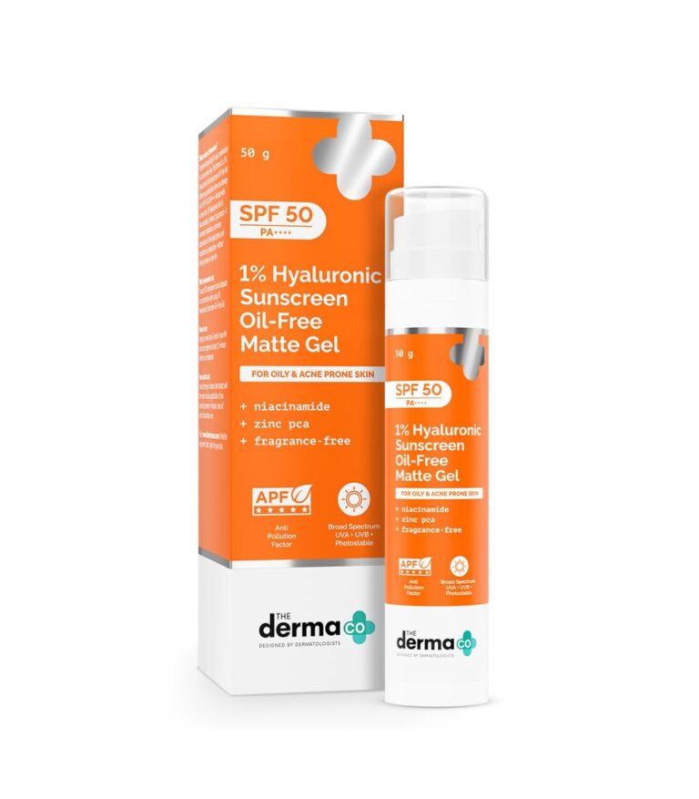 The Derma Co 1% Hyaluronic Sunscreen Oil-Free Matte Gel SPF 50 PA++++ For Oily, Acne-Prone Skin Lightweight Texture No White Cast Broad Spectrum Protection & Blue Light Protection Non- Comedo